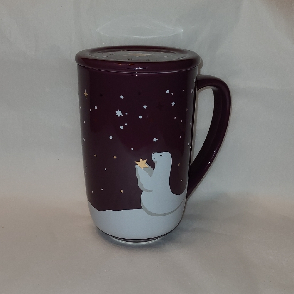 DAVID’S TEA Nordic Mug Purple Plum White Seal Gold Stars Design Winter Snow